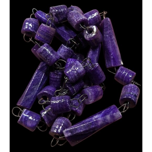 Handmade Rustic Purple Carved Stone Beaded Necklace - Picture 3 of 6